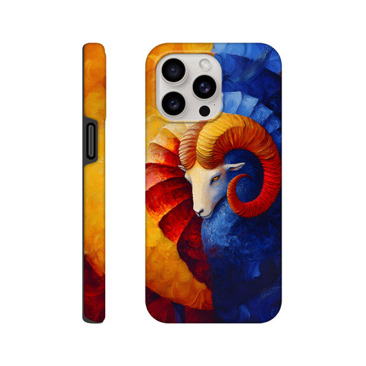 iPhone case with an oil painting style illustration of an Aries ram. The art features a white ram's head with large, curved orange and red horns, set against a background split between fiery yellow/red and cool deep blue brushstrokes.