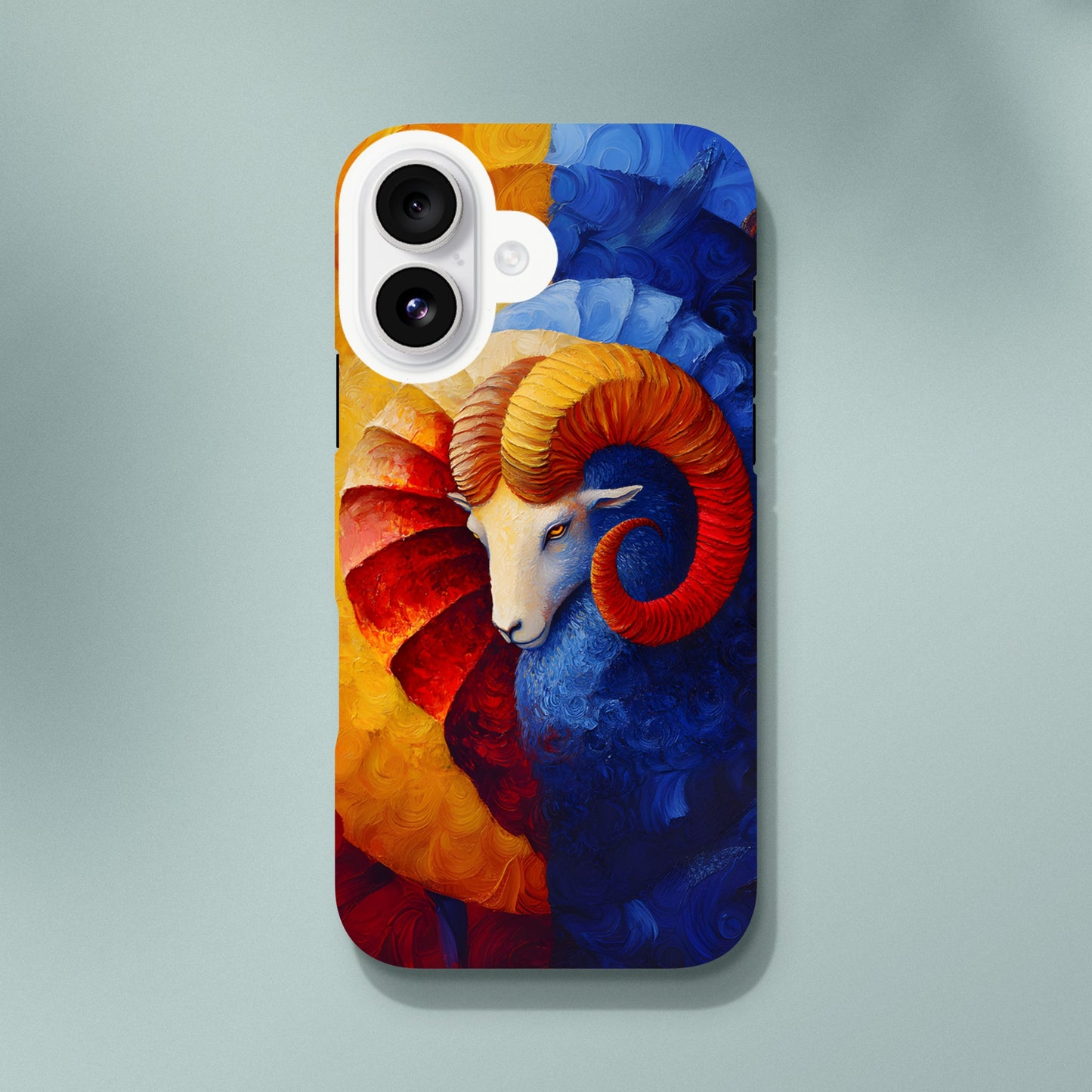 iPhone case with an oil painting style illustration of an Aries ram. The art features a white ram's head with large, curved orange and red horns, set against a background split between fiery yellow/red and cool deep blue brushstrokes.