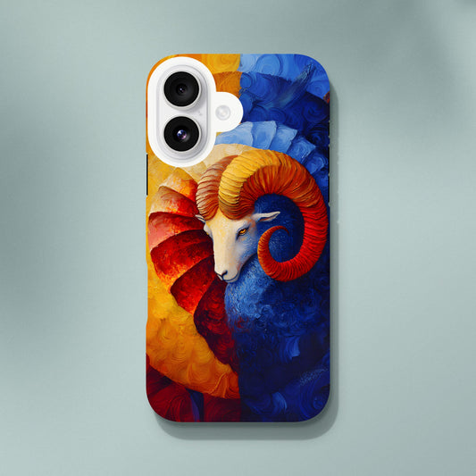 iPhone case with an oil painting style illustration of an Aries ram. The art features a white ram's head with large, curved orange and red horns, set against a background split between fiery yellow/red and cool deep blue brushstrokes.