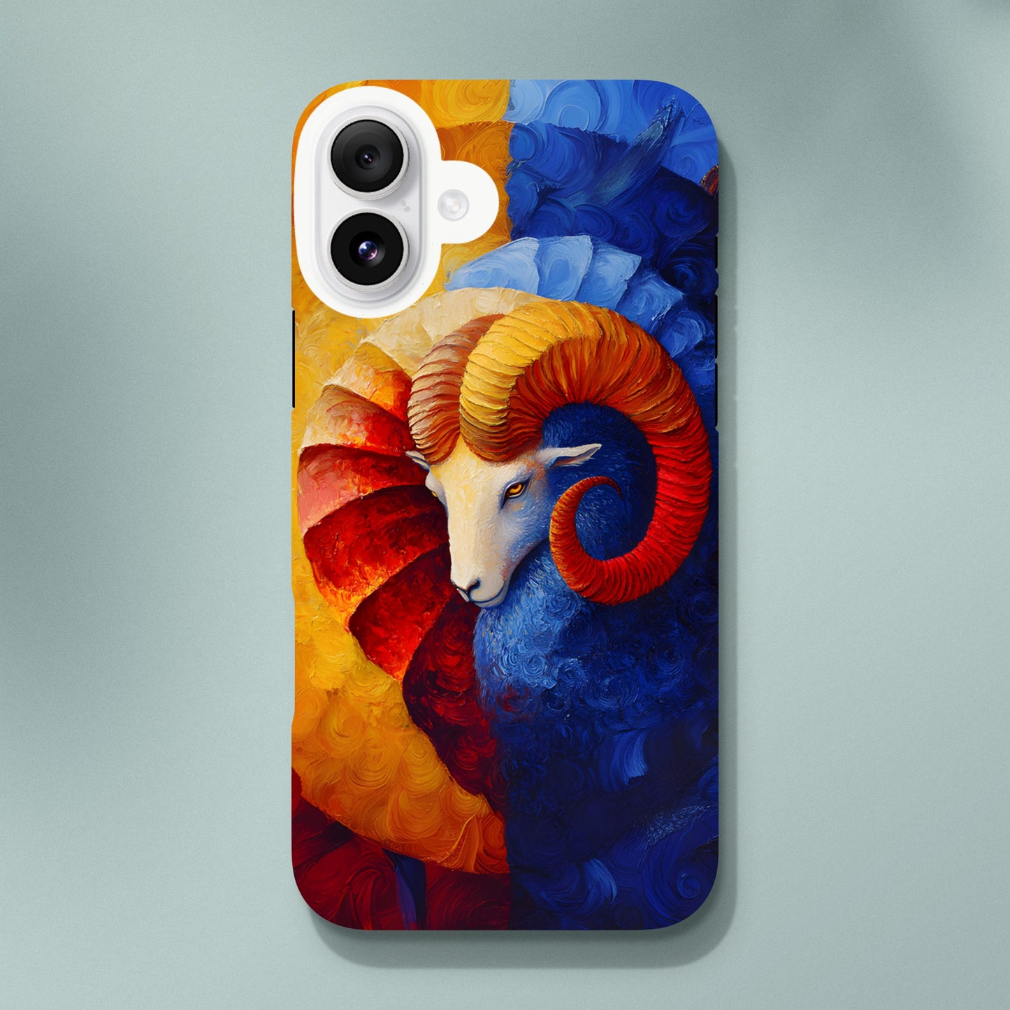 iPhone case with an oil painting style illustration of an Aries ram. The art features a white ram's head with large, curved orange and red horns, set against a background split between fiery yellow/red and cool deep blue brushstrokes.