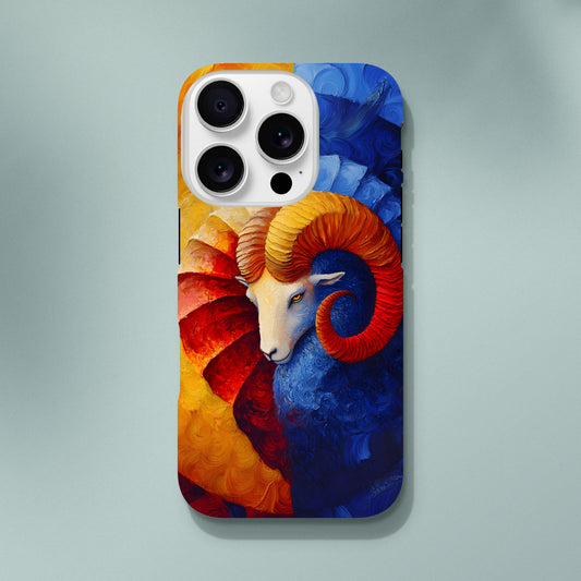 iPhone case with an oil painting style illustration of an Aries ram. The art features a white ram's head with large, curved orange and red horns, set against a background split between fiery yellow/red and cool deep blue brushstrokes.