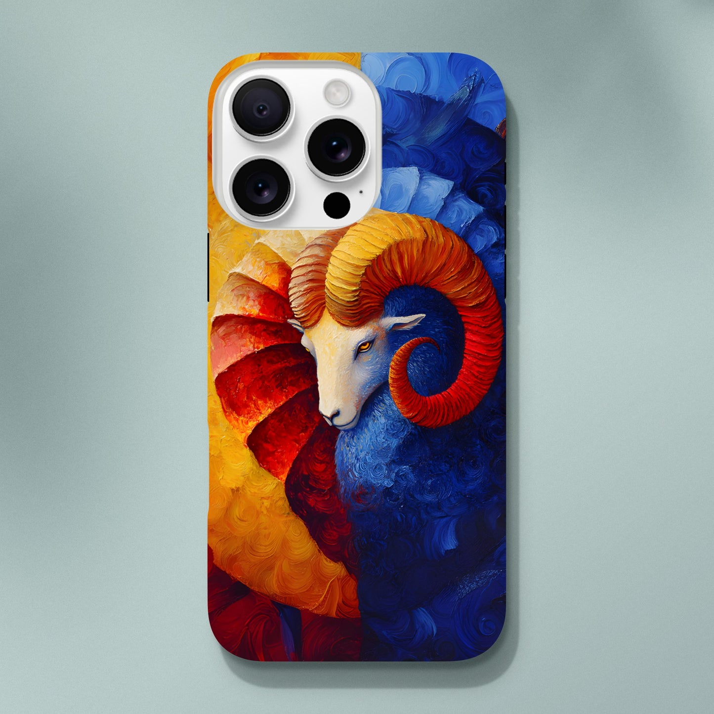 iPhone case with an oil painting style illustration of an Aries ram. The art features a white ram's head with large, curved orange and red horns, set against a background split between fiery yellow/red and cool deep blue brushstrokes.