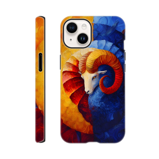 iPhone case with an oil painting style illustration of an Aries ram. The art features a white ram's head with large, curved orange and red horns, set against a background split between fiery yellow/red and cool deep blue brushstrokes.