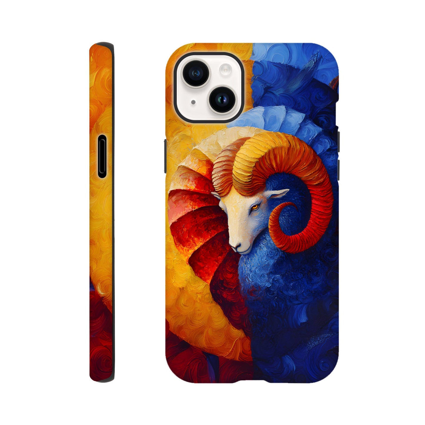 iPhone case with an oil painting style illustration of an Aries ram. The art features a white ram's head with large, curved orange and red horns, set against a background split between fiery yellow/red and cool deep blue brushstrokes.