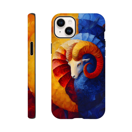 iPhone case with an oil painting style illustration of an Aries ram. The art features a white ram's head with large, curved orange and red horns, set against a background split between fiery yellow/red and cool deep blue brushstrokes.