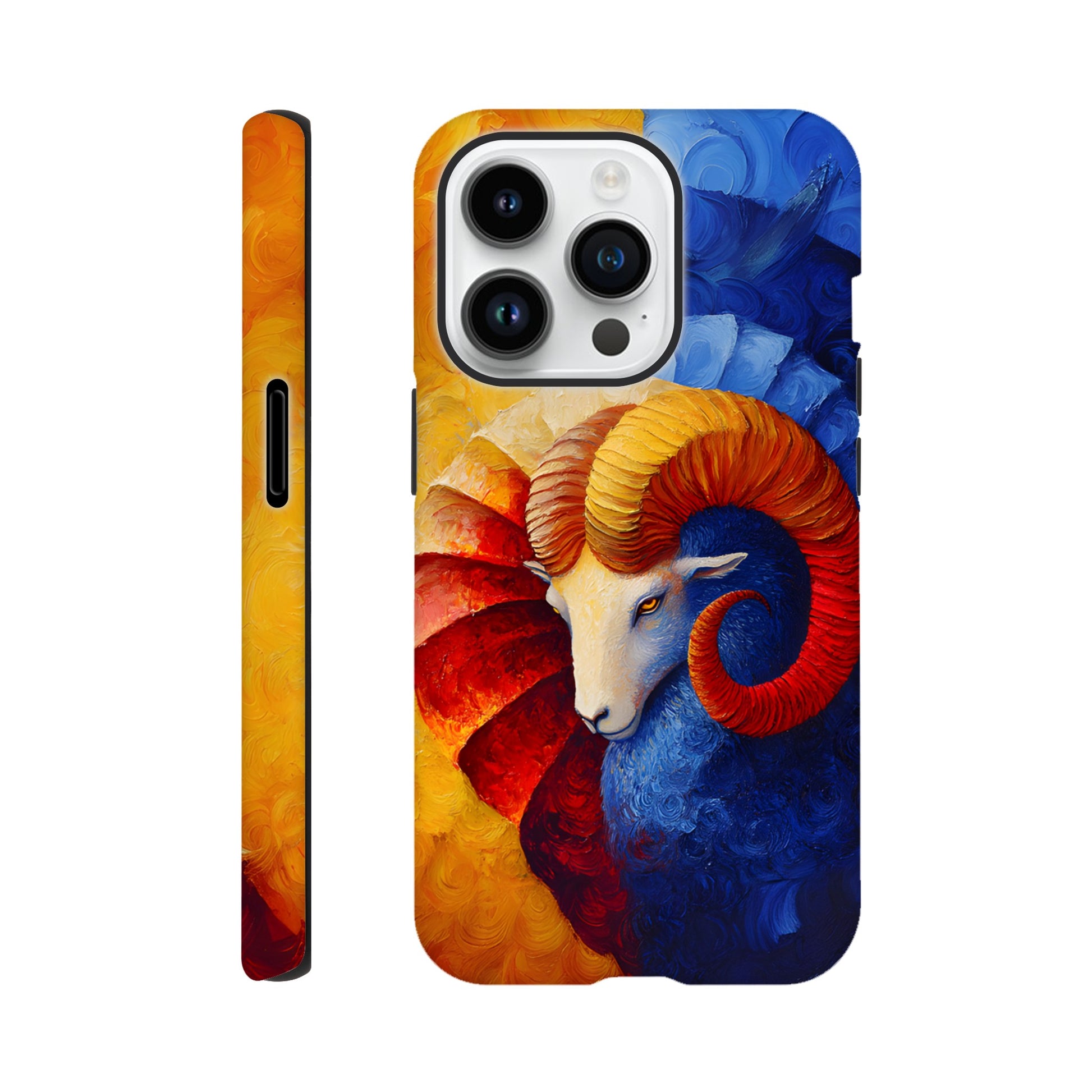 iPhone case with an oil painting style illustration of an Aries ram. The art features a white ram's head with large, curved orange and red horns, set against a background split between fiery yellow/red and cool deep blue brushstrokes.