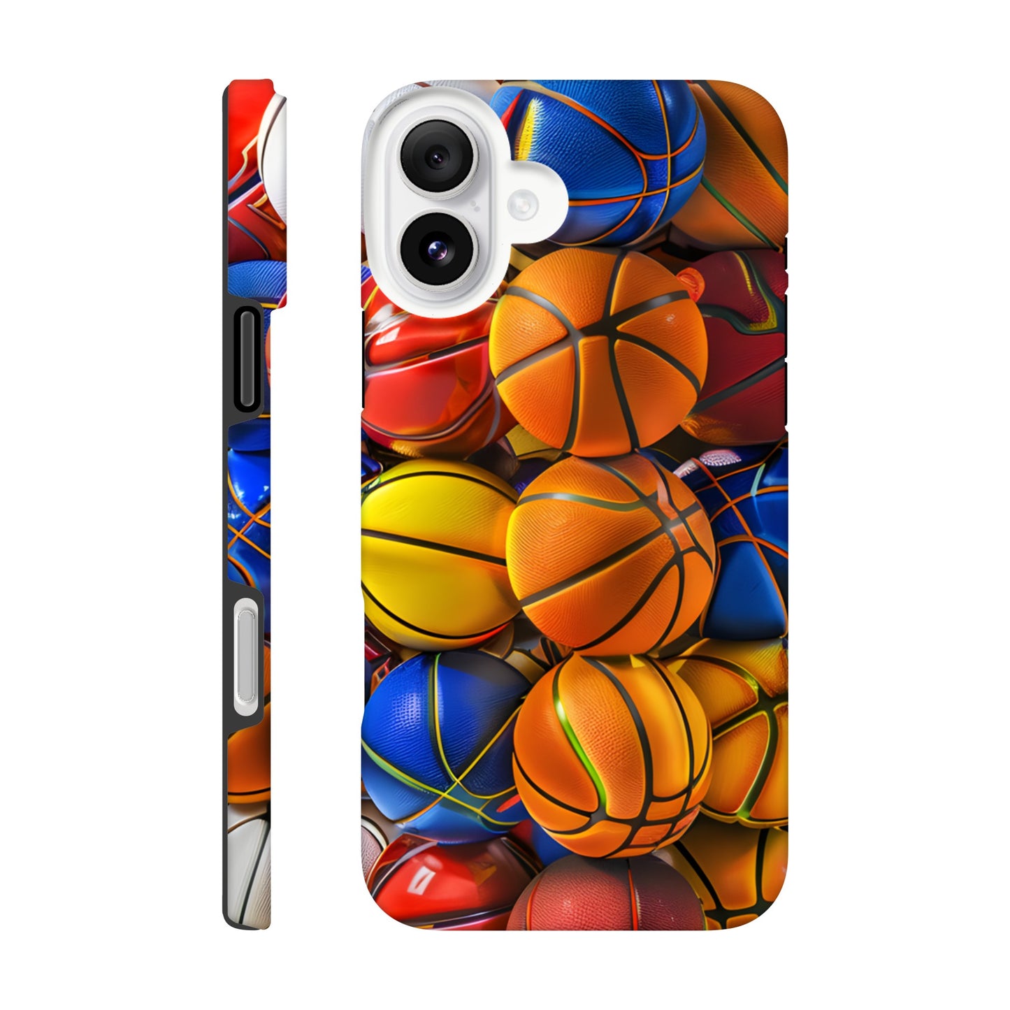 Close-up of a basketball-themed iPhone case featuring bright orange and blue basketballs stacked together in a bold, glossy design