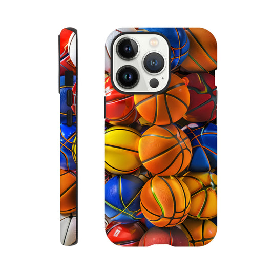 An Apple iPhone 13 Pro Phone Case adorned with an image of a lot of basketballs, of a variety of primary colors, in the form of cube