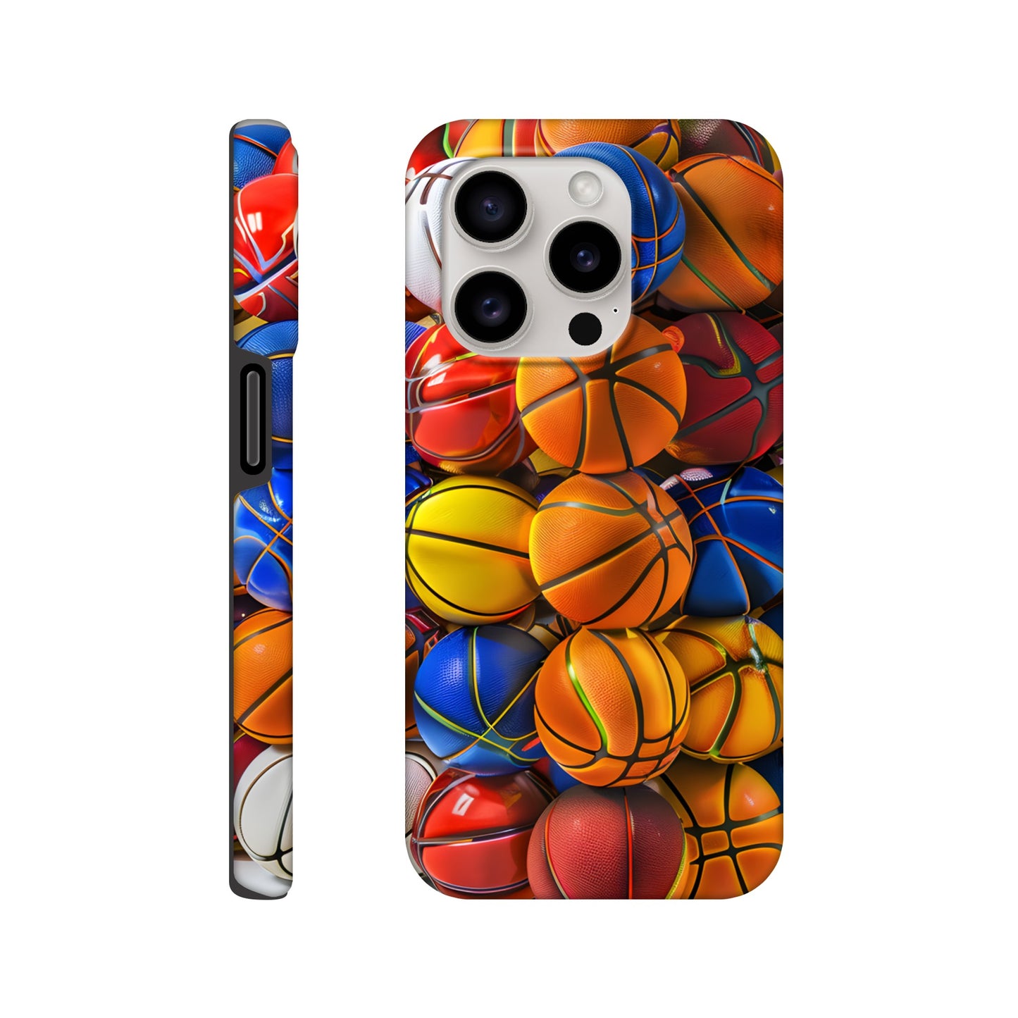 An Apple iPhone 15 Pro Phone Case adorned with an image of a lot of basketballs, of a variety of primary colors, in the form of cube