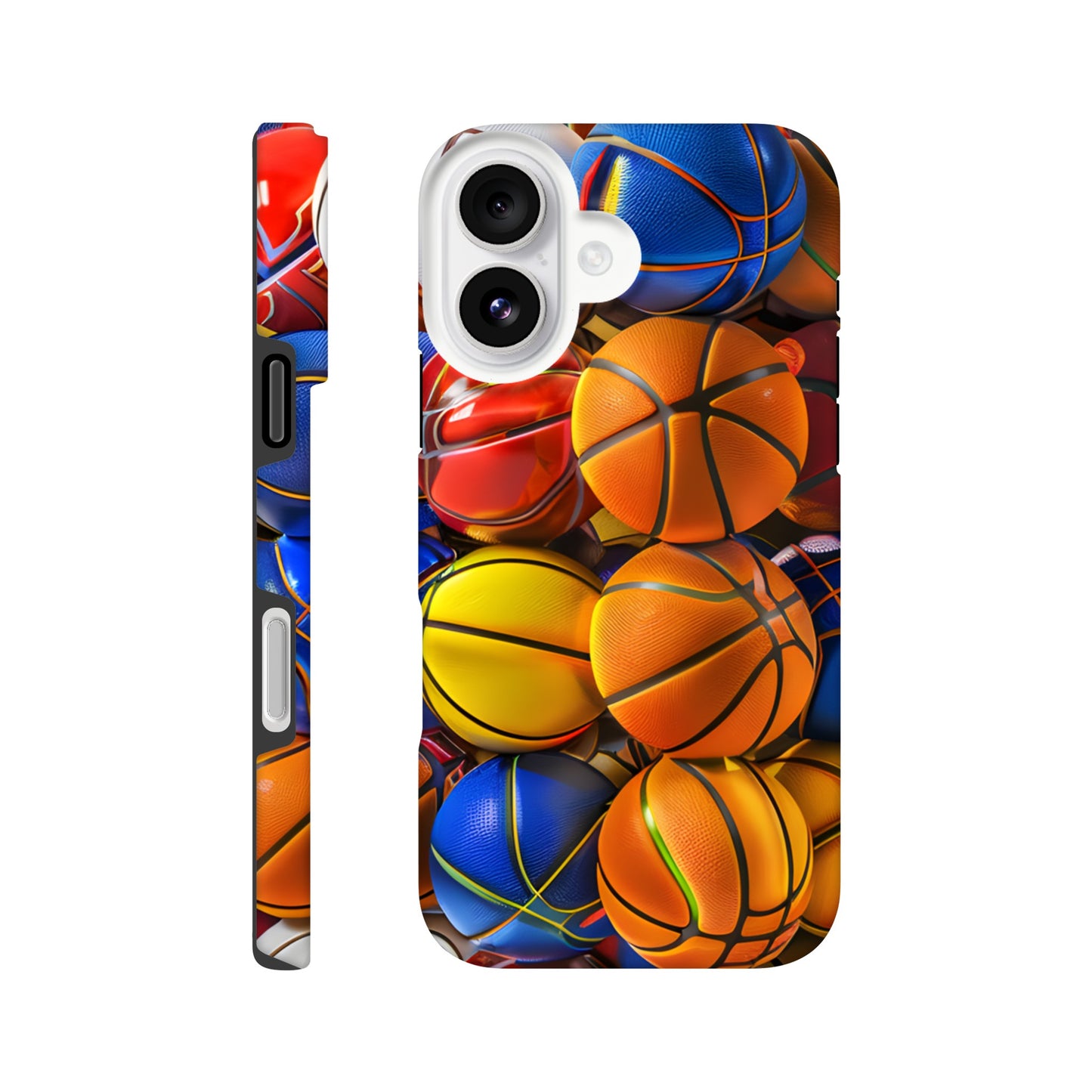 Close-up of a basketball-themed iPhone case featuring bright orange and blue basketballs stacked together in a bold, glossy design