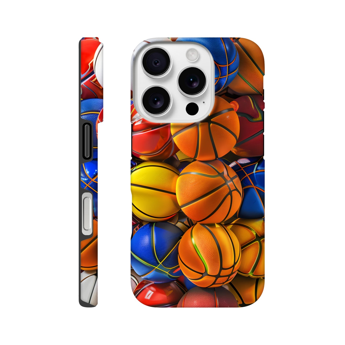 Close-up of a basketball-themed iPhone case featuring bright orange and blue basketballs stacked together in a bold, glossy design