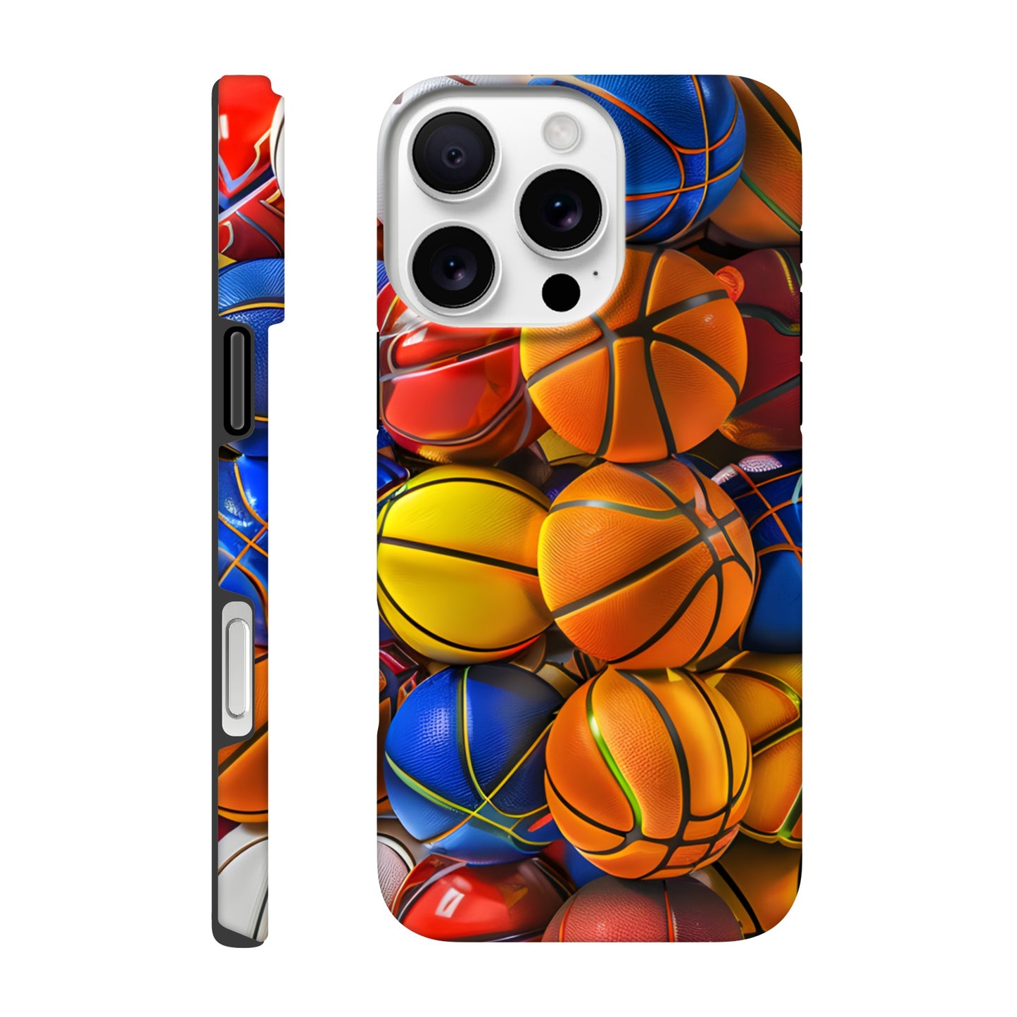 Close-up of a basketball-themed iPhone case featuring bright orange and blue basketballs stacked together in a bold, glossy design