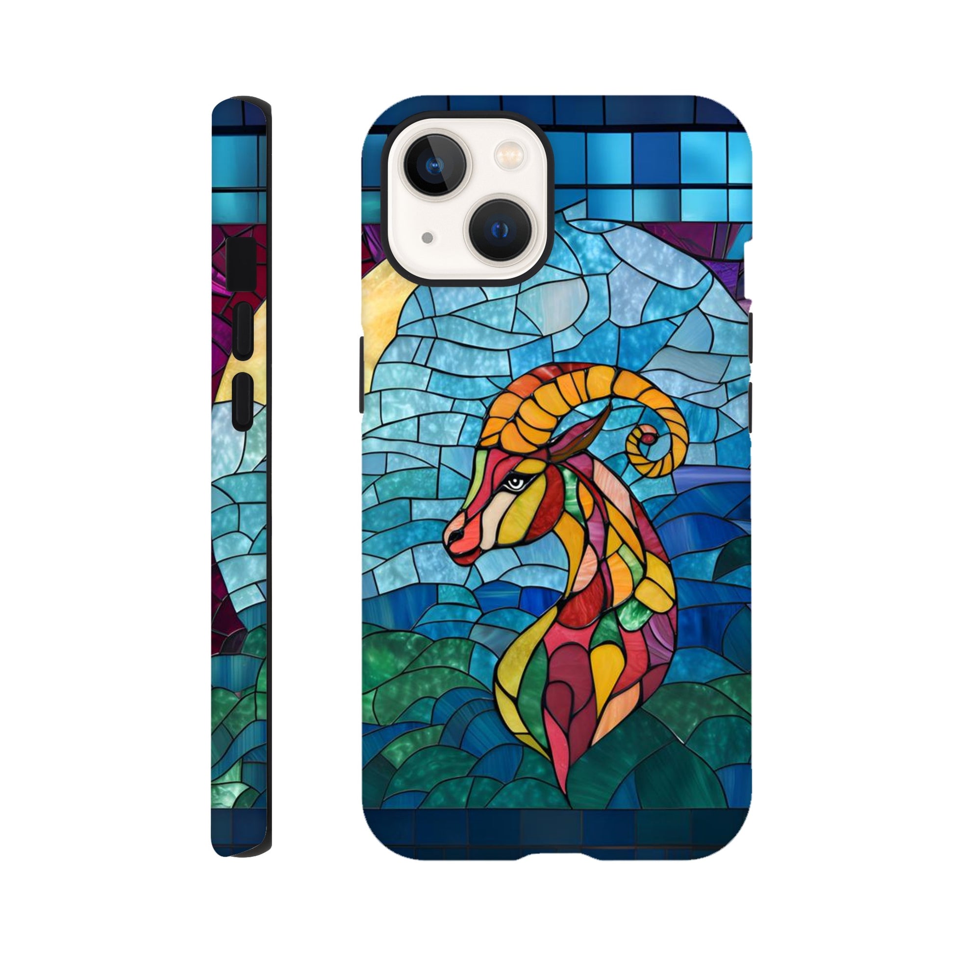 iPhone case featuring a vibrant stained-glass mosaic art illustration of a Capricorn sea-goat. The design shows the goat's head and upper body in segmented colors of red, orange, yellow, and green, against a background of blues and greens resembling water and sky, with dark separating lines.