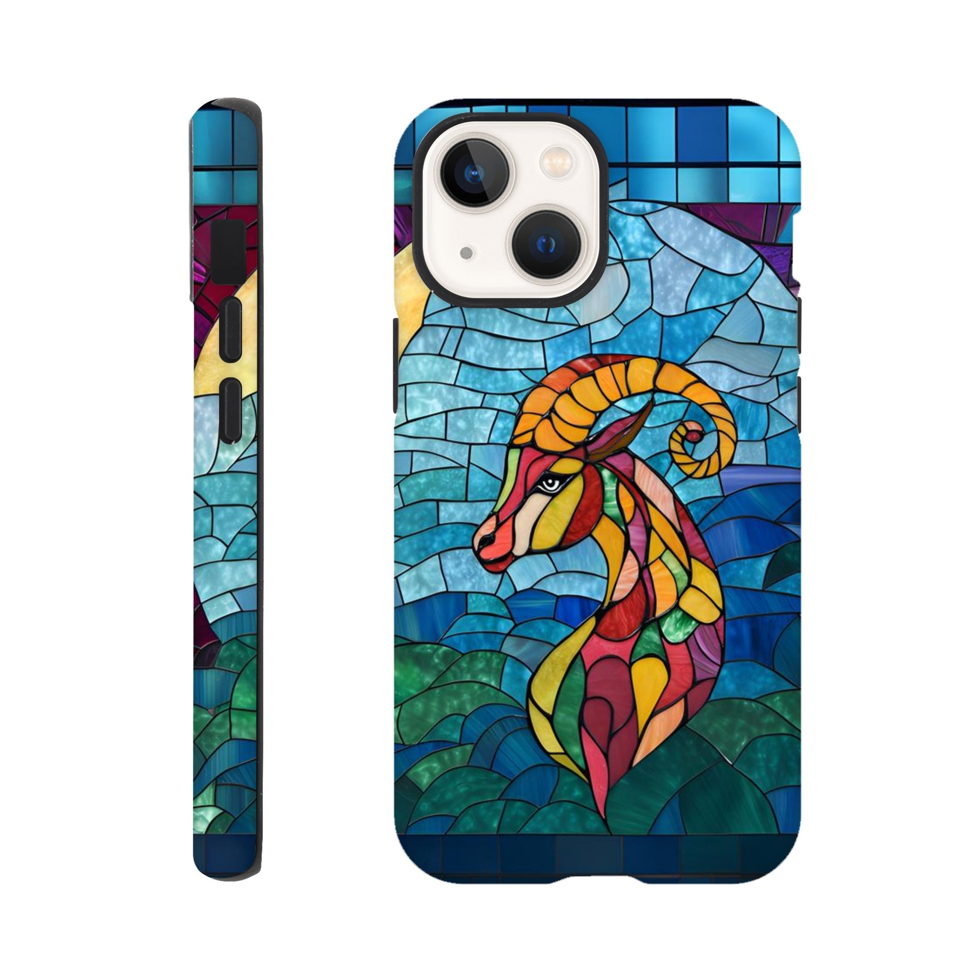 iPhone case featuring a vibrant stained-glass mosaic art illustration of a Capricorn sea-goat. The design shows the goat's head and upper body in segmented colors of red, orange, yellow, and green, against a background of blues and greens resembling water and sky, with dark separating lines.