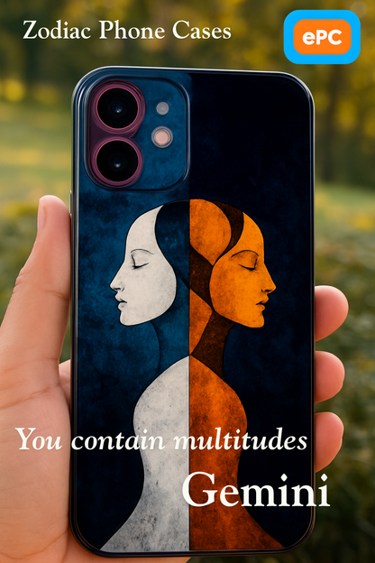 Gemini zodiac phone case featuring stylized twin figures rendered in gold and ivory against a richly textured midnight blue background, symbolizing the dual nature of Gemini.
