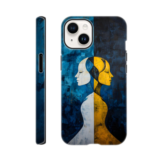 Gemini zodiac iPhone case featuring dual abstract faces in blue and gold tones, symbolizing Gemini’s twin energy