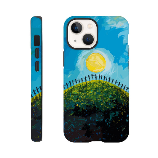 An Apple iPhone 13 Mini Phone Case with the image of a bright blue sky, large yellow sun, and a dark silhouette of people holding hands in a circle on a green hill