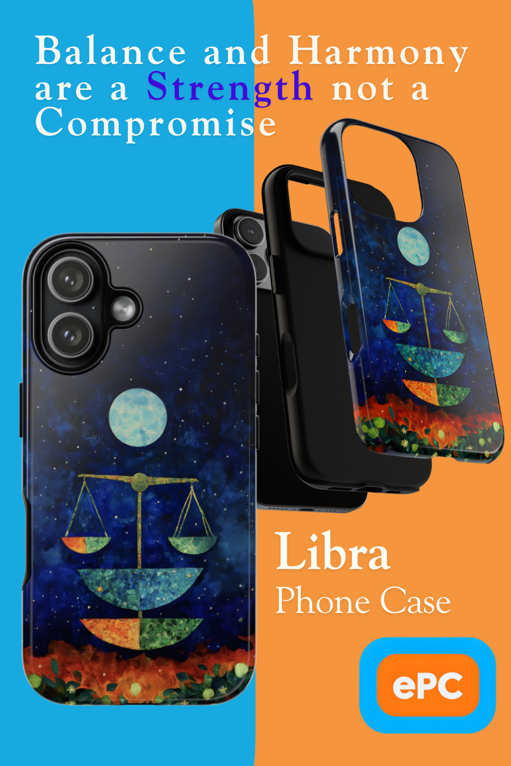 Libra zodiac phone case featuring elegant celestial scales beneath a glowing moon in a star-filled night sky, capturing the balanced and harmonious spirit of Libra.