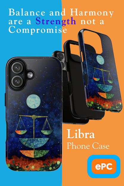 Libra zodiac phone case featuring elegant celestial scales beneath a glowing moon in a star-filled night sky, capturing the balanced and harmonious spirit of Libra.