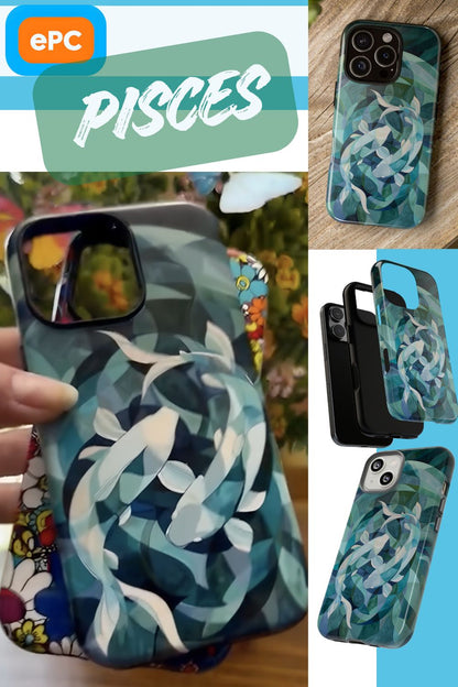 Pisces zodiac phone case featuring two flowing fish intertwined within swirling blue and teal abstract forms, capturing the intuitive and imaginative spirit of Pisces.