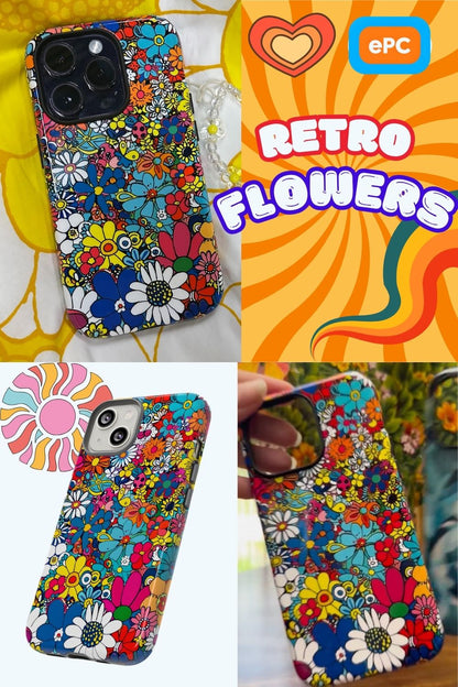 Retro Flowers phone case featuring a vibrant collage of colorful floral illustrations in a playful vintage-inspired design, celebrating creativity, joy, and timeless flower power style.