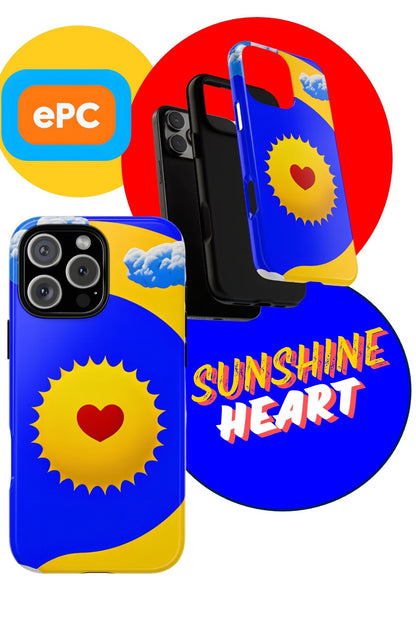 Sunshine Heart tough phone case — yellow sun with red heart on vibrant blue and yellow background by Expressive Phone Cases