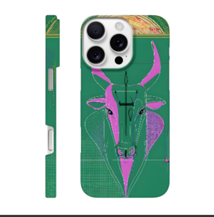Green Taurus zodiac phone case featuring a modern bull illustration with celestial details, rose accents, and geometric artwork inspired by strength, stability, and determination.