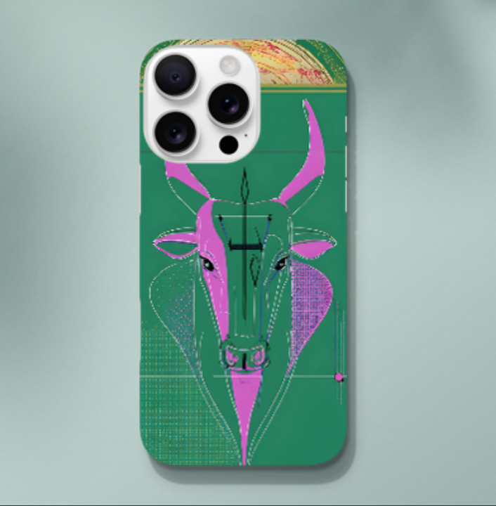Green Taurus zodiac phone case featuring a modern bull illustration with celestial details, rose accents, and geometric artwork inspired by strength, stability, and determination.