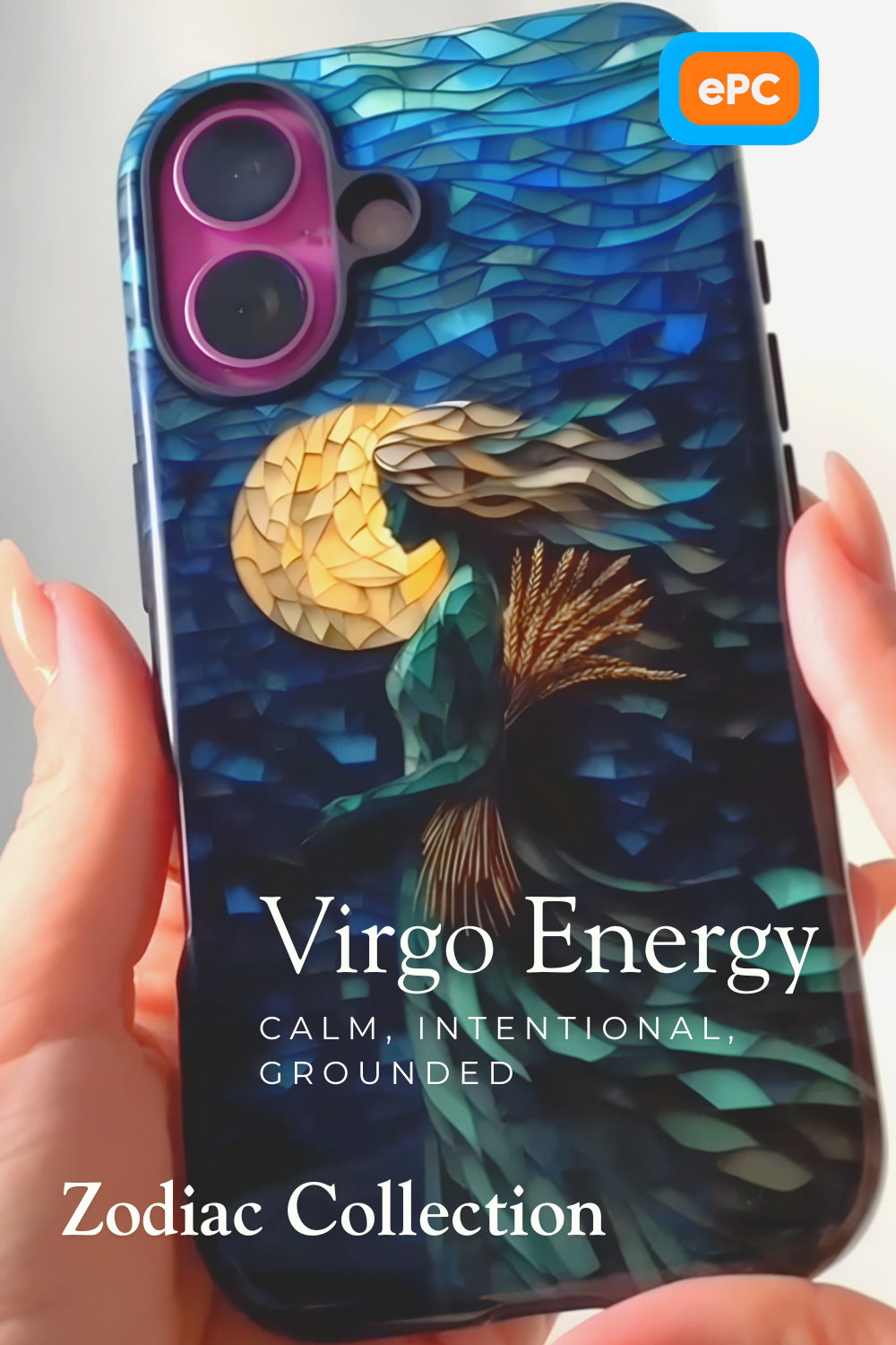 Virgo zodiac phone case featuring an elegant flowing maiden crafted from layered blue and gold artwork, symbolizing wisdom, grace, and attention to detail.