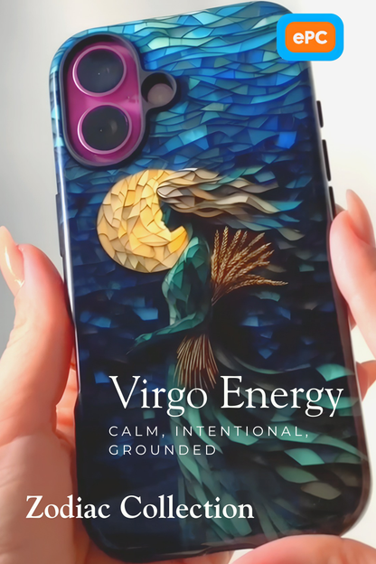 Virgo zodiac phone case featuring an elegant flowing maiden crafted from layered blue and gold artwork, symbolizing wisdom, grace, and attention to detail.