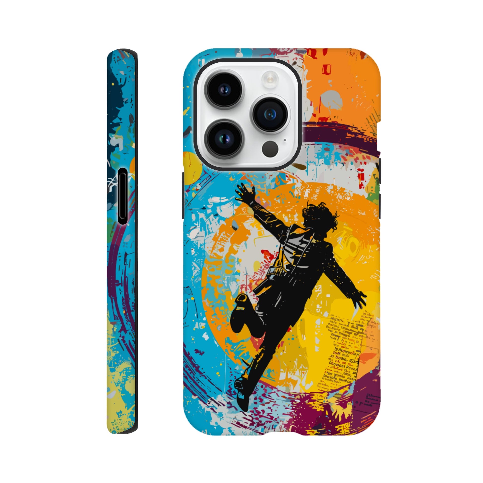 An Apple iPhone 14 Pro Phone Case with the following design on it -A graffiti style painting of the back of a human male in a suit falling in mid-air, with bold colors. The background is filled with vibrant splashes of color and newspaper texture in the style of American pop art