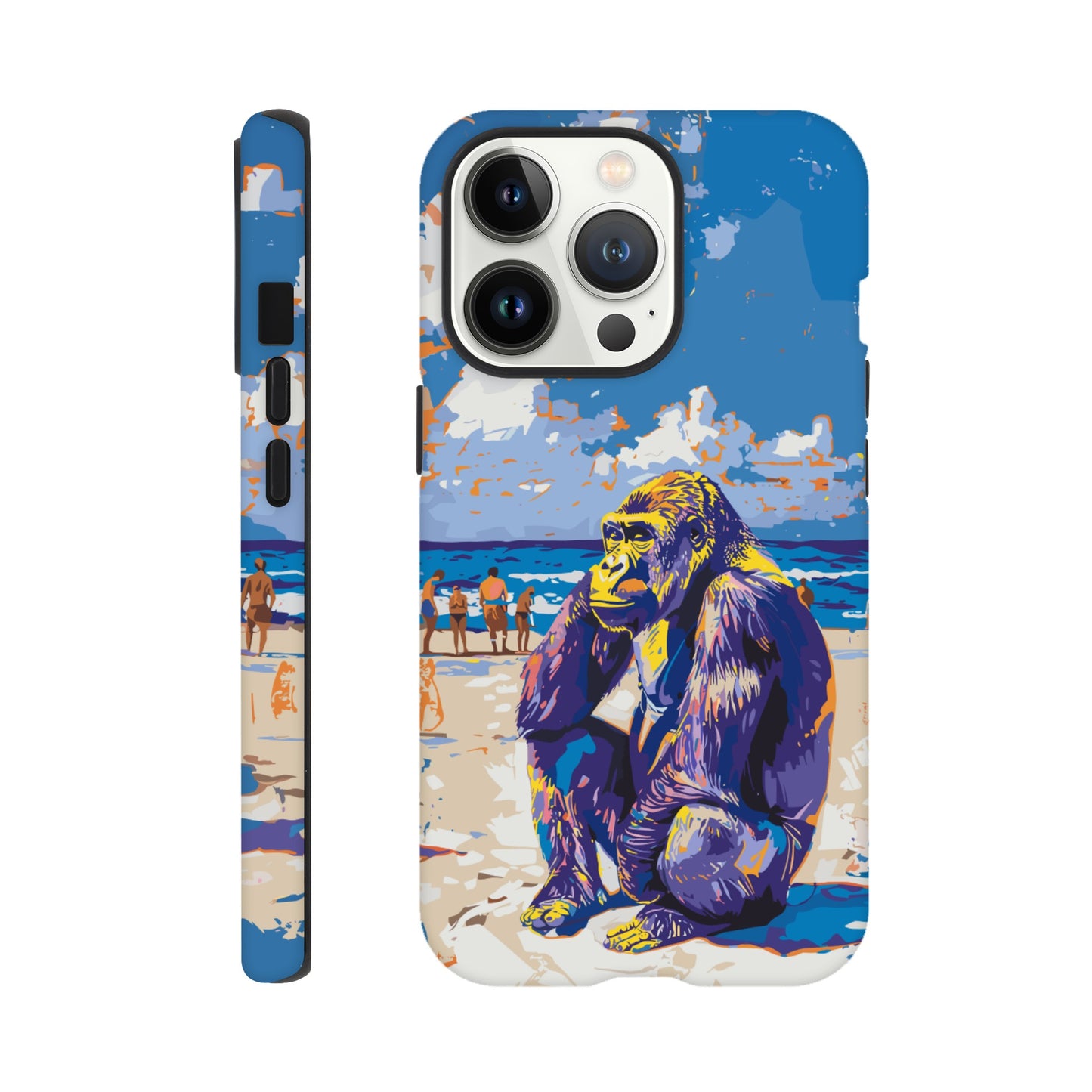 An iPhone 13 Pro with a design of a Gorilla at the beach thinking while a diverse group of people stroll along the beach in the background, royal blue, orange, purple, yellow, white, fauvism meets pop art