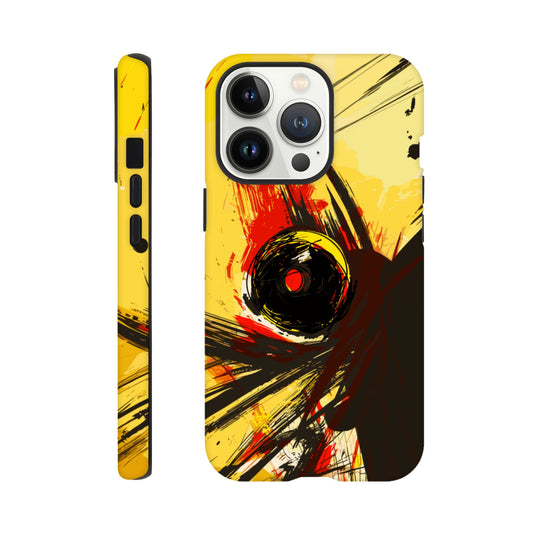 An Apple iPhone 13 Pro Phone Case with the following design on it : Abstract drawing of a humanoid insect hybrid figure,  red and black colors. In the style of comic brush strokes that creates a kind of frenetic energy with a light yellow background.