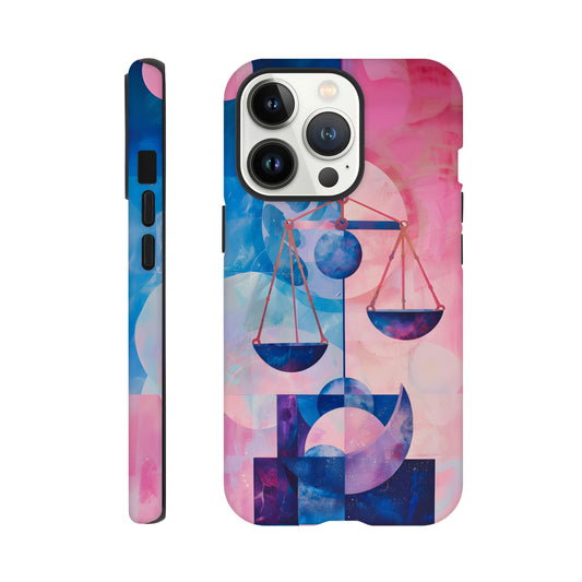 An Apple iPhone 13 Pro Phone Case with the following design on it : The Zodiac symbol for Libra, scales of justice theme, planet Venus in the background, Bauhaus style, royal blue, light pink