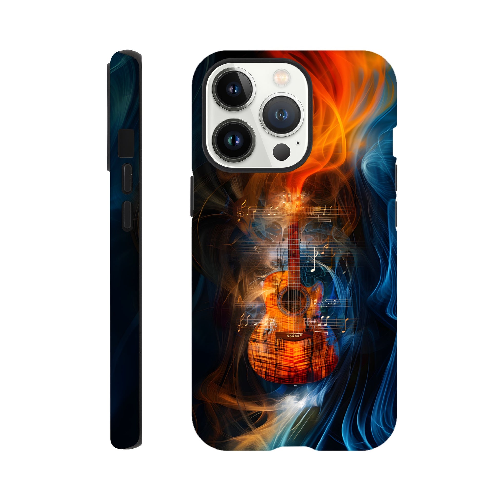 An Apple iPhone 13 Pro Phone Case with the following design on it: A Koa Guitar with musical notes swirling around it, blue and red smoke swirling around both the Guitar and notes, in the style of a digital art, dark blue background, orange glow on guitar, symmetrical composition, high resolution, hyper realistic, high contrast, vibrant colors, detailed textures of wood and strings