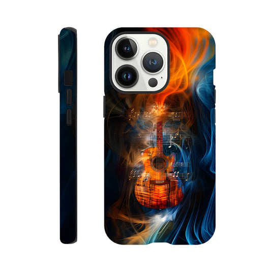 An Apple iPhone 13 Pro Phone Case with the following design on it: A Koa Guitar with musical notes swirling around it, blue and red smoke swirling around both the Guitar and notes, in the style of a digital art, dark blue background, orange glow on guitar, symmetrical composition, high resolution, hyper realistic, high contrast, vibrant colors, detailed textures of wood and strings