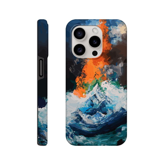 An Apple iPhone 15 Pro Phone Case with the following design on it - the Mariana Trench engulfing Mount Everest, cartoonish surrealism, blue, white, green, orange, black