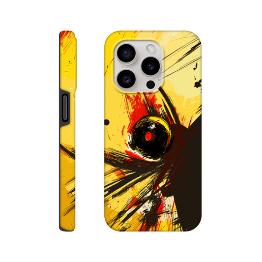 An Apple iPhone 15 Pro Phone Case with the following design on it : Abstract drawing of a humanoid insect hybrid figure,  red and black colors. In the style of comic brush strokes that creates a kind of frenetic energy with a light yellow background.