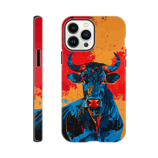 An Apple iPhone 13 Pro Max Phone Case with the following design on it: Abstract blue bull on a red background in the style of urban graffiti, the Bull is the symbol for the astrological sign of Taurus, flat painting with brush strokes, strong color contrast in the style of urban street art, cool and confident expression of the blue ox with an eye-catching label and strong visual impact