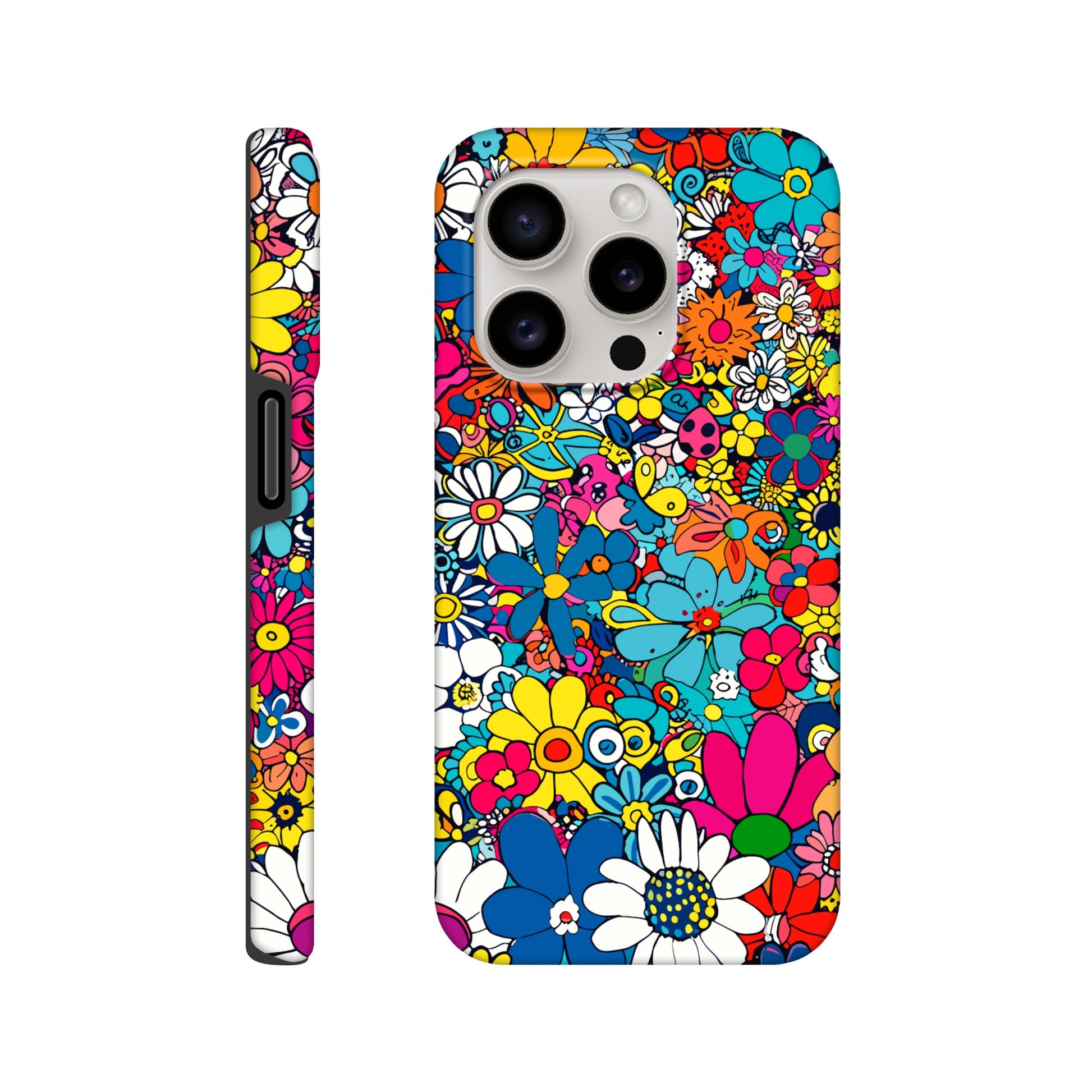 An Apple iPhone 15 Pro Phone Case with the following design on it : Lots of retro looking flowers of multiple colors with no discernible arrangement against a white background. 
