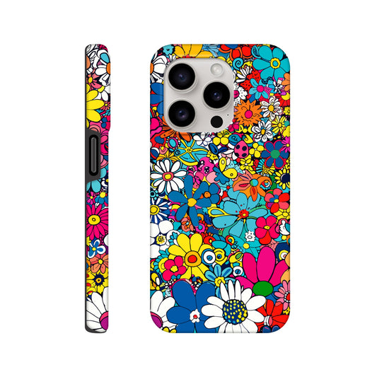 An Apple iPhone 15 Pro Phone Case with the following design on it : Lots of retro looking flowers of multiple colors with no discernible arrangement against a white background. 