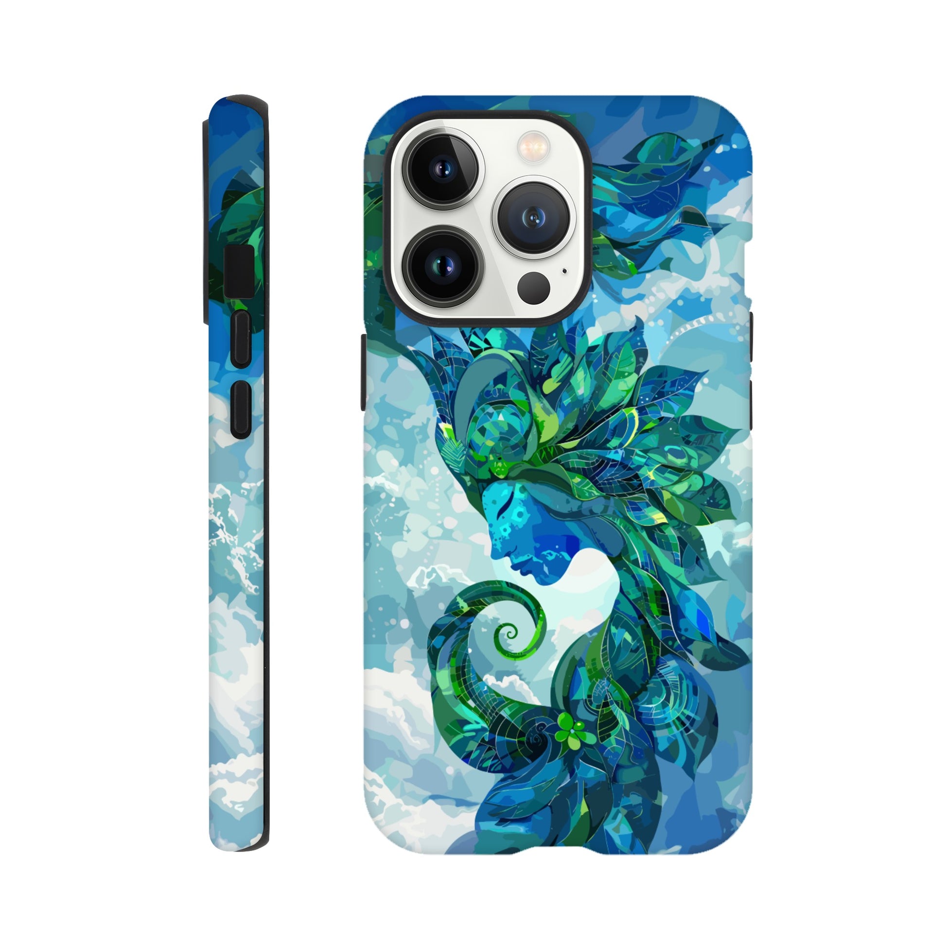 An Apple iPhone 13 Pro Phone Case with the following design on it: digital illustration of the symbol for the Zodiac symbol for Virgo, abstract Maiden, swirling in the sky with clouds and blue background, vibrant green and dark blues, digital art style, detailed shading, intricate details, fantasy elements, fantasy-inspired designs, fantasy realism