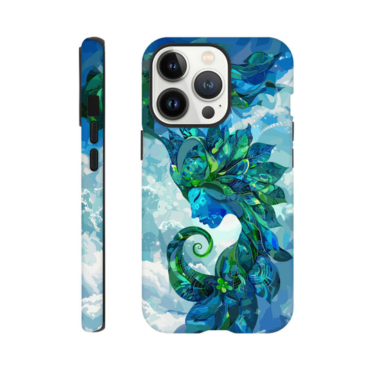 An Apple iPhone 13 Pro Phone Case with the following design on it: digital illustration of the symbol for the Zodiac symbol for Virgo, abstract Maiden, swirling in the sky with clouds and blue background, vibrant green and dark blues, digital art style, detailed shading, intricate details, fantasy elements, fantasy-inspired designs, fantasy realism