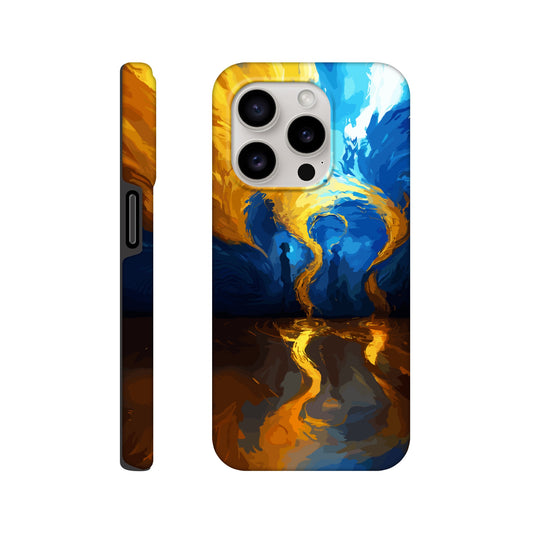An iPhone 15 Pro Phone Case with the following design on it -An abstract image of flowing thunder/lightning and waves. The colors of blue, orange, and yellow. There are two human forms facing each other in the middle of the image.