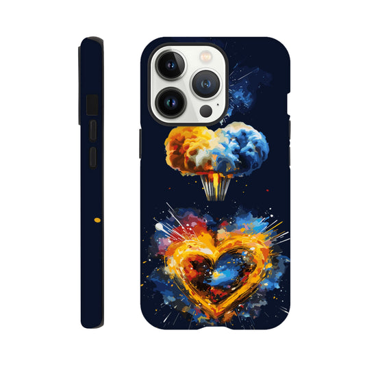 An Apple iPhone 13 Pro Phone Case with the following design on it - heart shaped milky way galaxy with a nuclear mushroom cloud emanating from the heart, pop art, royal blue, yellow, white, silver, black, orange