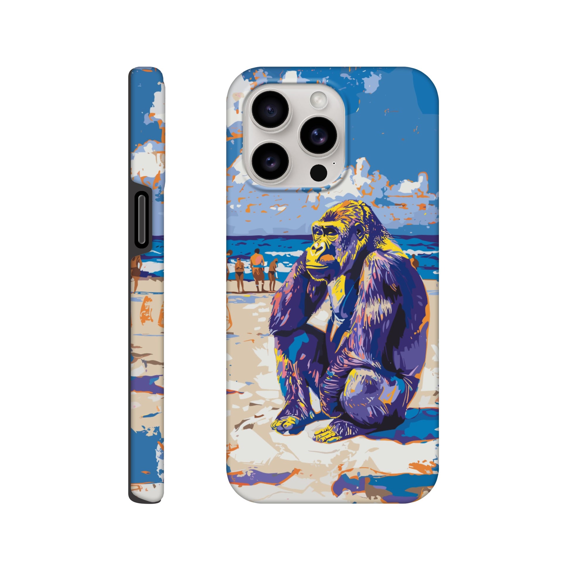 An iPhone 15 Pro Max with a design of a Gorilla at the beach thinking while a diverse group of people stroll along the beach in the background, royal blue, orange, purple, yellow, white, fauvism meets pop art