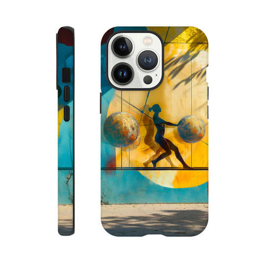 An Apple iPhone 13 Pro Phone Case with the following design on it: A colorful mural depicting the figure of a Female athlete with two circles and three spheres in yellow, blue, and red colors, painted on concrete walls. A woman is running between them while holding another sphere in her hand. The shadows cast by palm trees create dynamic patterns that highlight details like dots and lines, adding depth to the scene