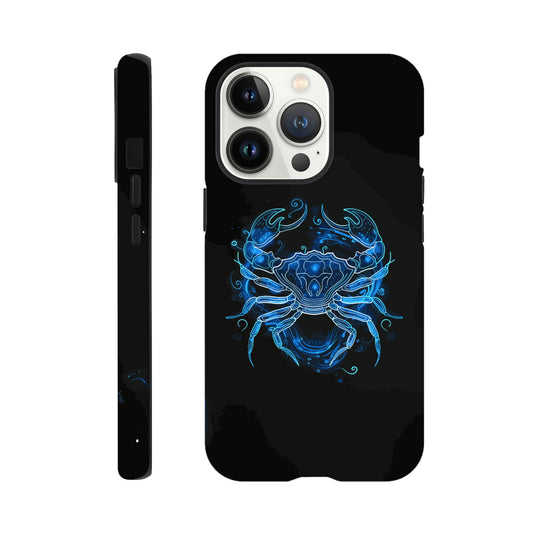 An Apple iPhone 13 Pro Phone Case with the following design - A simple white line drawing of the symbol for Cancer-a Crab, with blue outlines on black background. The design is minimalistic and elegant, focusing only on basic shapes to represent the zodiac sign's symbolism in astrology. It has an art deco style that highlights its curves and swirls, creating a sense of motion or energy within each curve.
