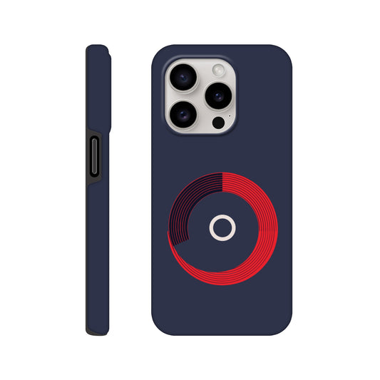 An Apple iPhone 15 Pro Phone Case with the following design on it: a red circle with black curved lines in the circle that make it look like bleachers from above on a navy blue background, there is a white circle in the center, a sleek and modern appearance, subtle gradients for depth effect
