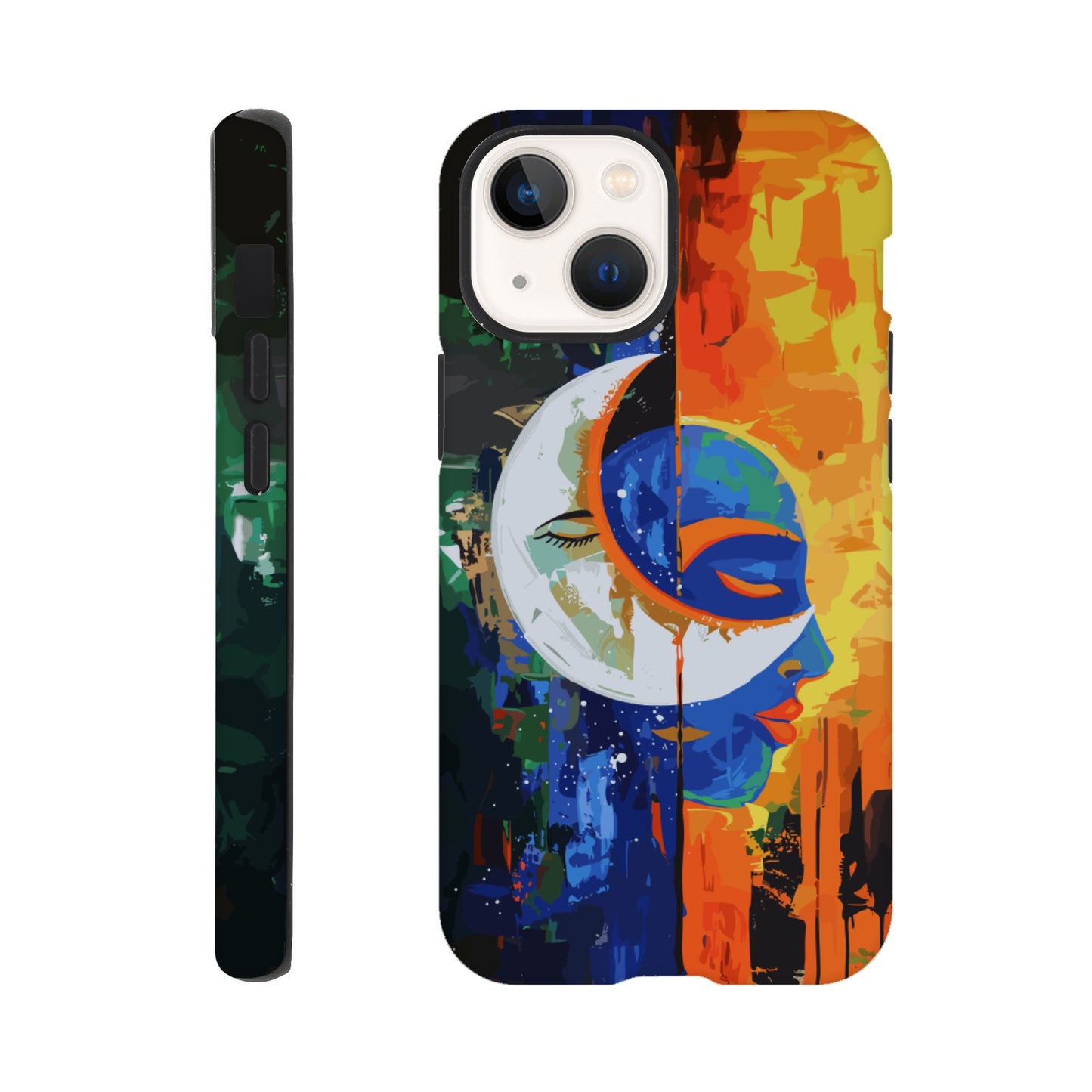 An Apple iPhone 13 Mini Phone Case with the following design on it - Abstract painting of a crescent moon and sun in the sky, half is orange blue green color with black silhouette of either a female or male face, other side has bright vibrant colors, abstract, modern art style